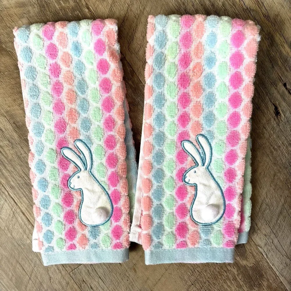 Celebrate Easter Together Set of 2 Pastel Easter Rabbit Bath Hand Towels 16 X 25